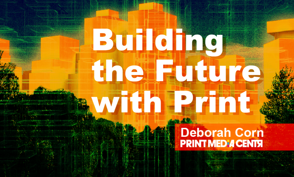 a yellow and green futuristic city future of print business